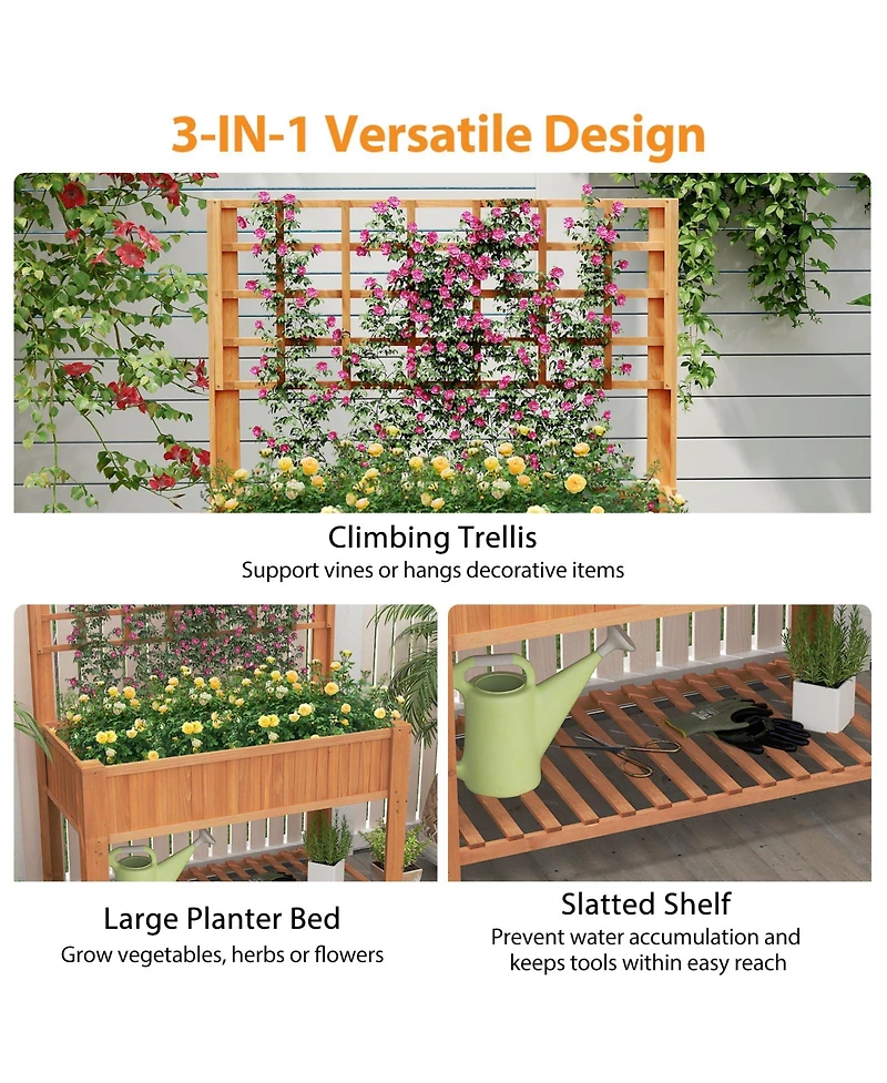 Gymax Raised Garden Bed w/ Trellis Wooden Elevated Planter Box w/ Legs & Liner