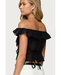 Edikted Women's Sheer Chiffon Ruffled Off Shoulder Top