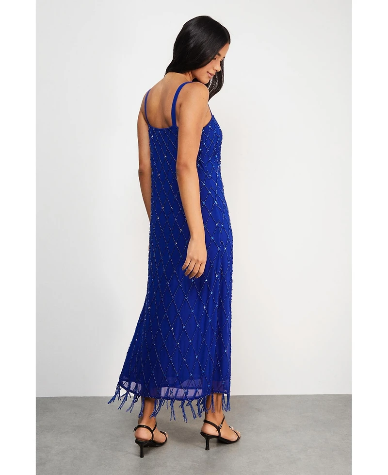 Warehouse Hand Embellished Fringe Hem Midi Dress