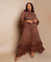 Buxom Couture Women's Plus Tie Neck Chiffon Maxi Gown