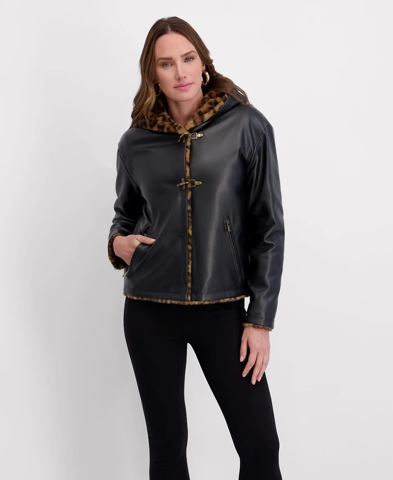 Kensie Women's Faux Fur Lined, Fireman Toggled Pu Jacket