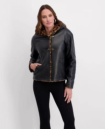 Kensie Women's Faux Fur Lined, Fireman Toggled Pu Jacket