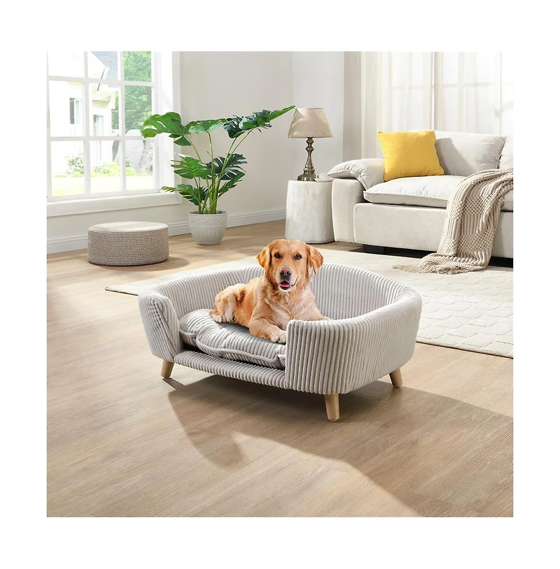 Zeus & Ruta Beige Corduroy Elevated Pet Couch with Wood Legs