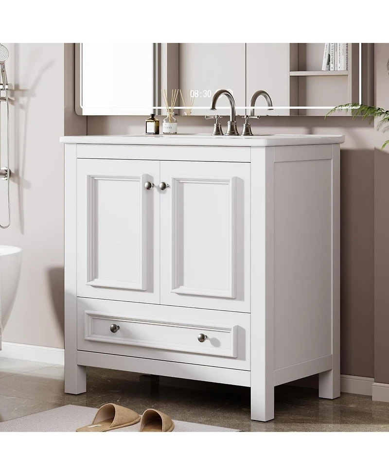 Tribesigns 30" Modern Bathroom Vanity with Sink, Bathroom Sink Cabinet with 2 Doors and 1 Drawer, Solid Wooden Frame, White