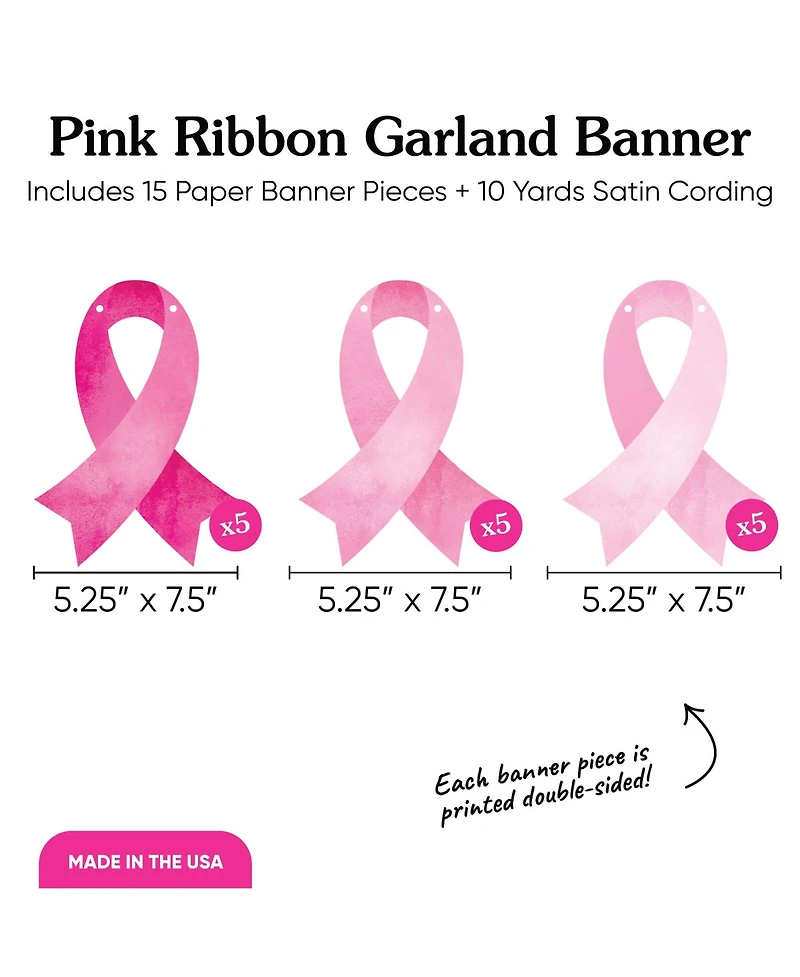 Pink Ribbon Garland Banner, 30 Feet of Cord, 15 Double-Sided Pink Ribbon Pieces