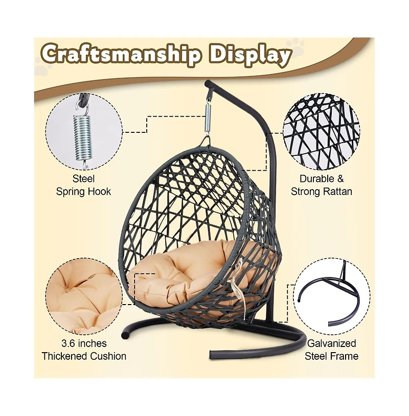 Zeus & Ruta Rattan Cat Egg Chair with Stand and Cushion in Yellow