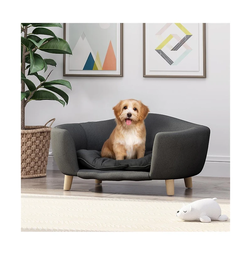 Zeus & Ruta Gray Corduroy Elevated Pet Couch with Wood Legs