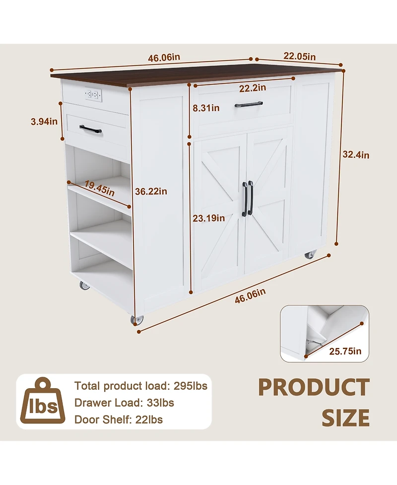 Casainc Rustic Kitchen Island on Wheels with Storage and Power Outlet, Mdf Frame, 46"