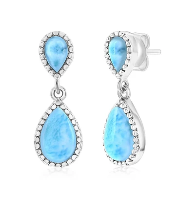 Caribbean TreasuresSterling Silver, Double Pear-Shaped Larimar w/Beaded Border Earrings