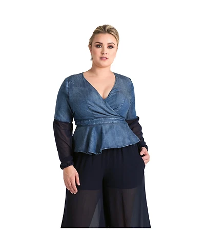 Standards & Practices Plus Tencel Denim Puff Sleeve Wrap Top