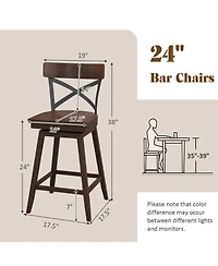 Set of 2 Wooden Swivel Bar Stools with Open X Back and Footrest