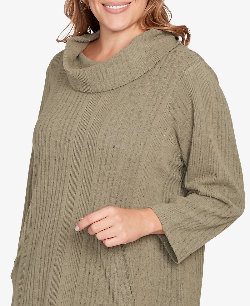 Hearts Of Palm Plus Solid Texture Hatchi Cowl Neck Tunic Top