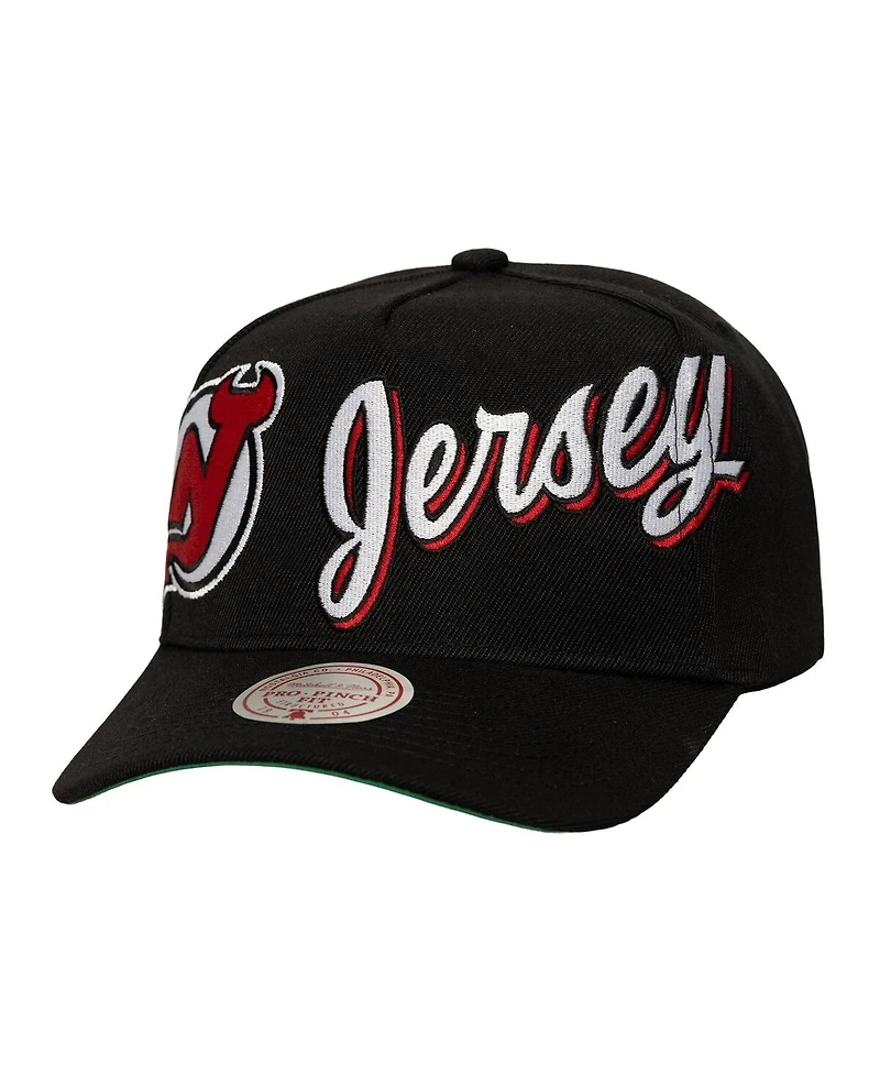 Mitchell Ness Men's Black New Jersey Devils Busted Logo Wordmark Wrap-Around Pro Pinch Adjustable Hat