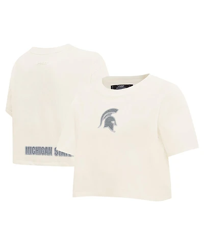Pro Standard Women's Cream Michigan State Spartans Reverse French Terry Boxy Cropped T-Shirt