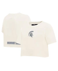 Pro Standard Women's Cream Michigan State Spartans Reverse French Terry Boxy Cropped T-Shirt