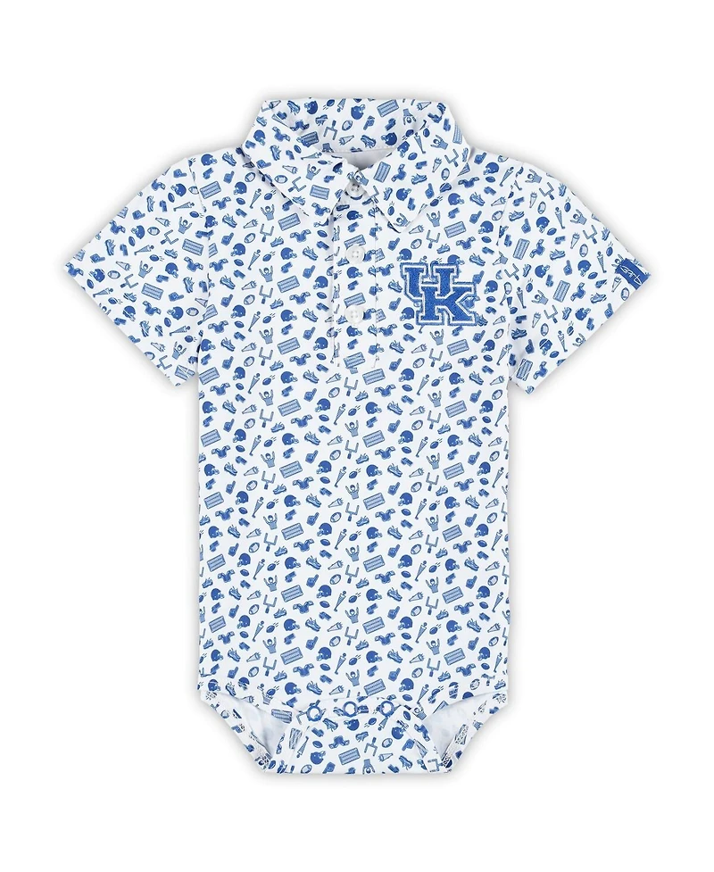 Garb Baby Boys and Girls White/Royal Kentucky Wildcats Tom Allover Print Performance Polo Bodysuit