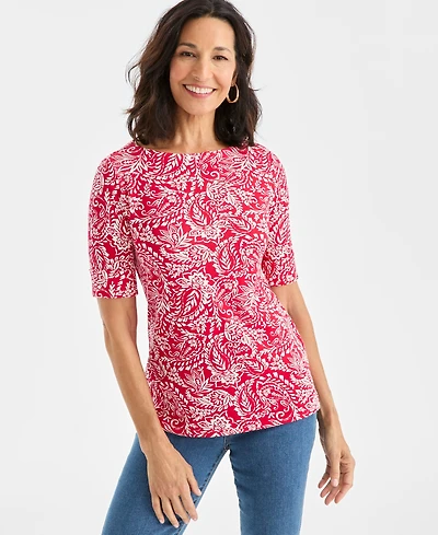 Style & Co Women's Printed Boat-Neck Elbow-Sleeve Top, Macy's Exclusive