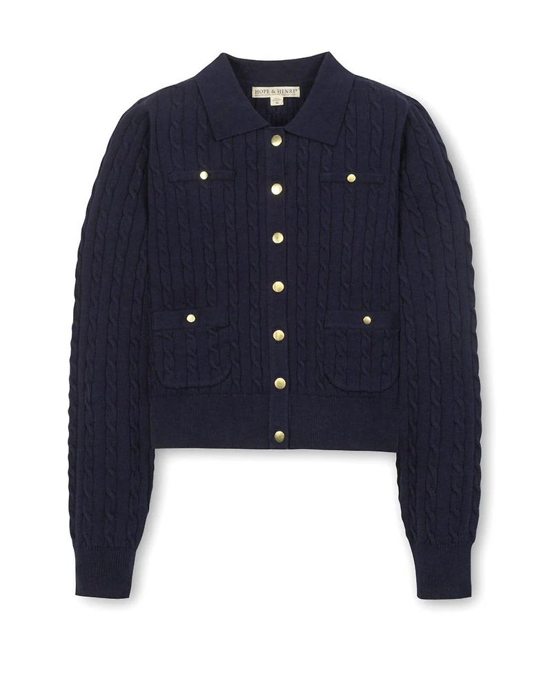Hope & Henry Women's Organic Cable Knit Collared Cardigan Sweater