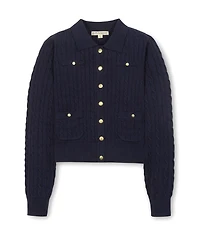 Hope & Henry Women's Organic Cable Knit Collared Cardigan Sweater