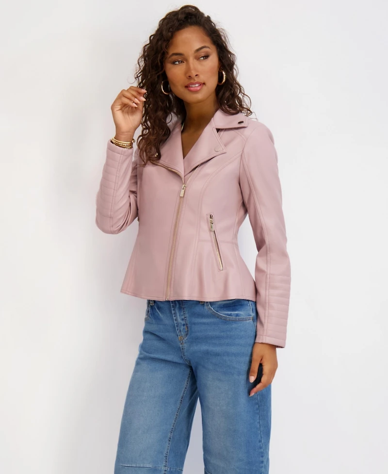 Kensie Women's Asymmetrical Pu Peplum Moto Jacket with Quilting Details