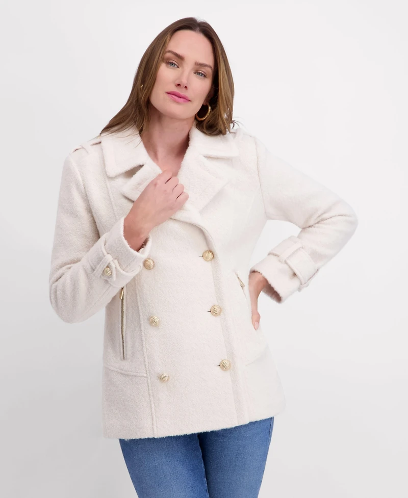Kensie Women's Boucle Peacoat with Gold Accents