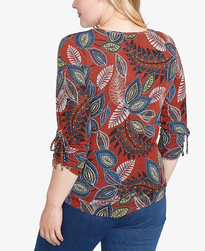 Alfred Dunner Petite Sunset Canyon Batik Leaves Melange Asymmetrical Top
