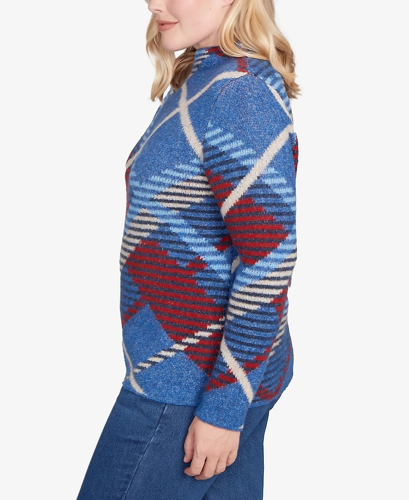Alfred Dunner Petite Sunset Canyon Exploded Plaid Mock Neck Sweater