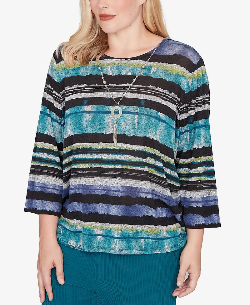 Alfred Dunner Petite Lake Champlain Biadere Melange Stripe Top With Necklace