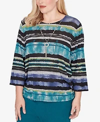 Alfred Dunner Petite Lake Champlain Biadere Melange Stripe Top With Necklace