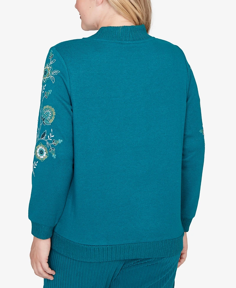 Alfred Dunner Petite Lake Champlain Embroidered Sleeve Button Detail Top