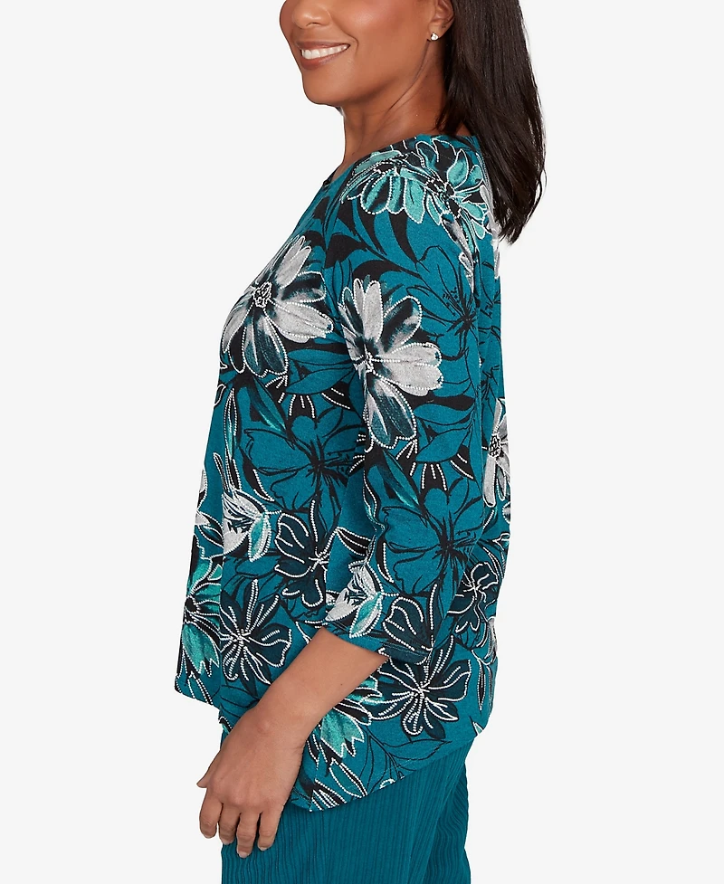 Alfred Dunner Petite Lake Champlain Floral Printed Beaded Neck Top