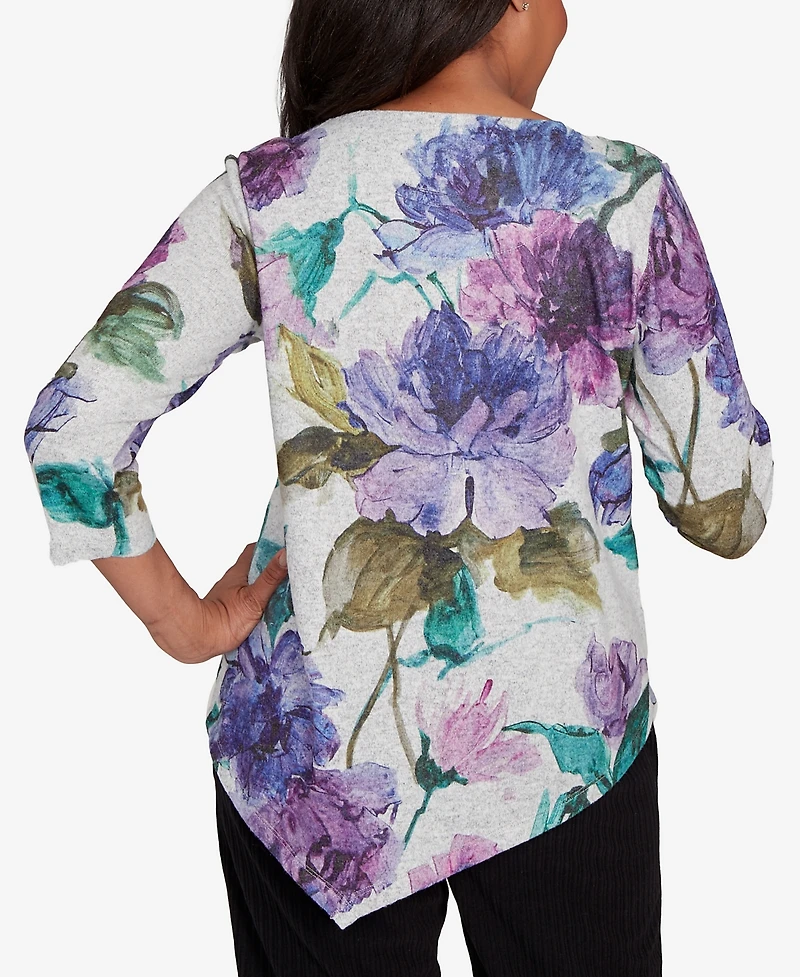 Alfred Dunner Petite Lake Champlain Asymmetrical Watercolor Flower Top
