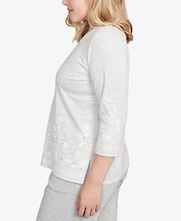 Alfred Dunner Petite Casual Vibe Embellished Striped Crew Neck Top