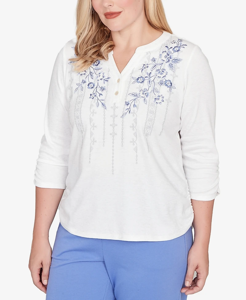 Alfred Dunner Petite Casual Vibe Geometric Floral Ruched Henley Top