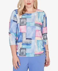 Alfred Dunner Petite Casual Vibe Tie Side Ruched Colorblock Top