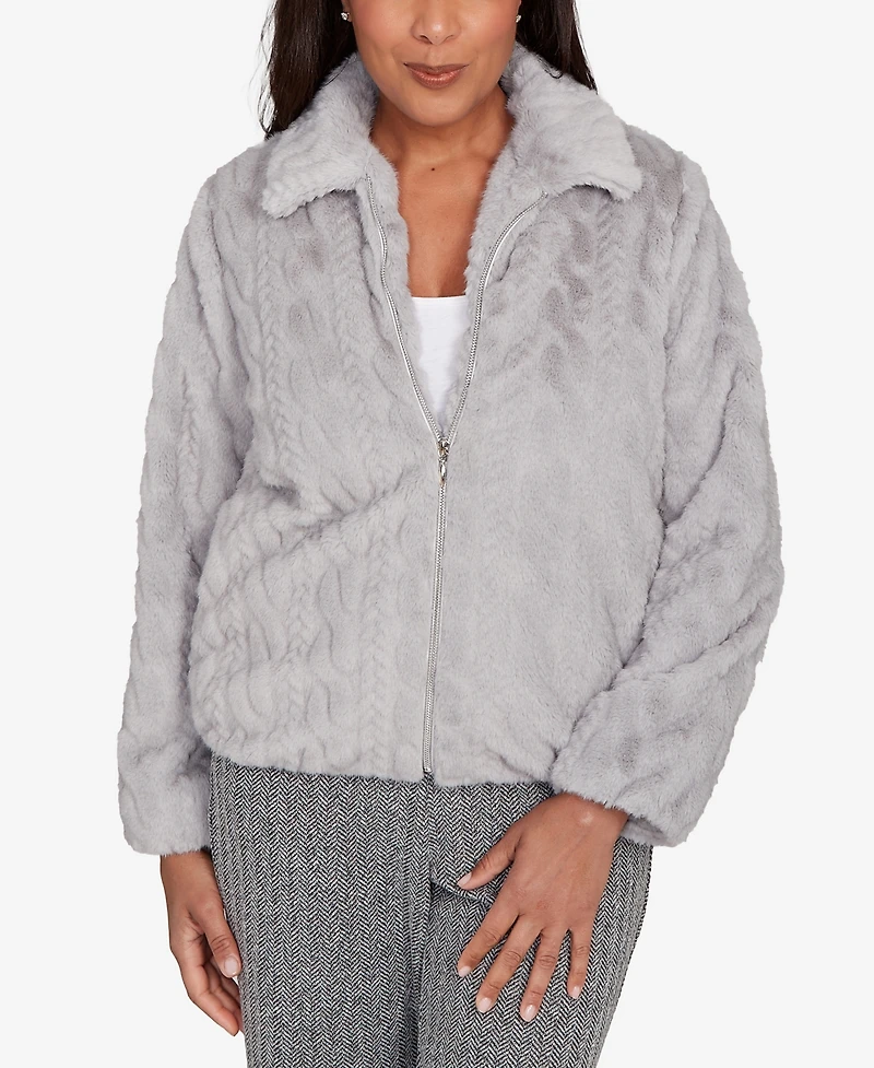 Alfred Dunner Petite Jet Setter Sculpted Faux Fur Zip Up Jacket