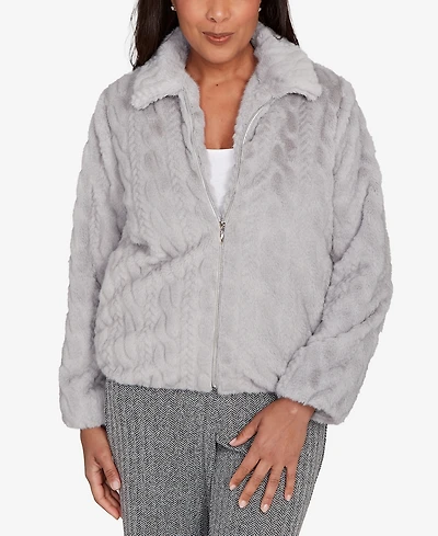 Alfred Dunner Petite Jet Setter Sculpted Faux Fur Zip Up Jacket