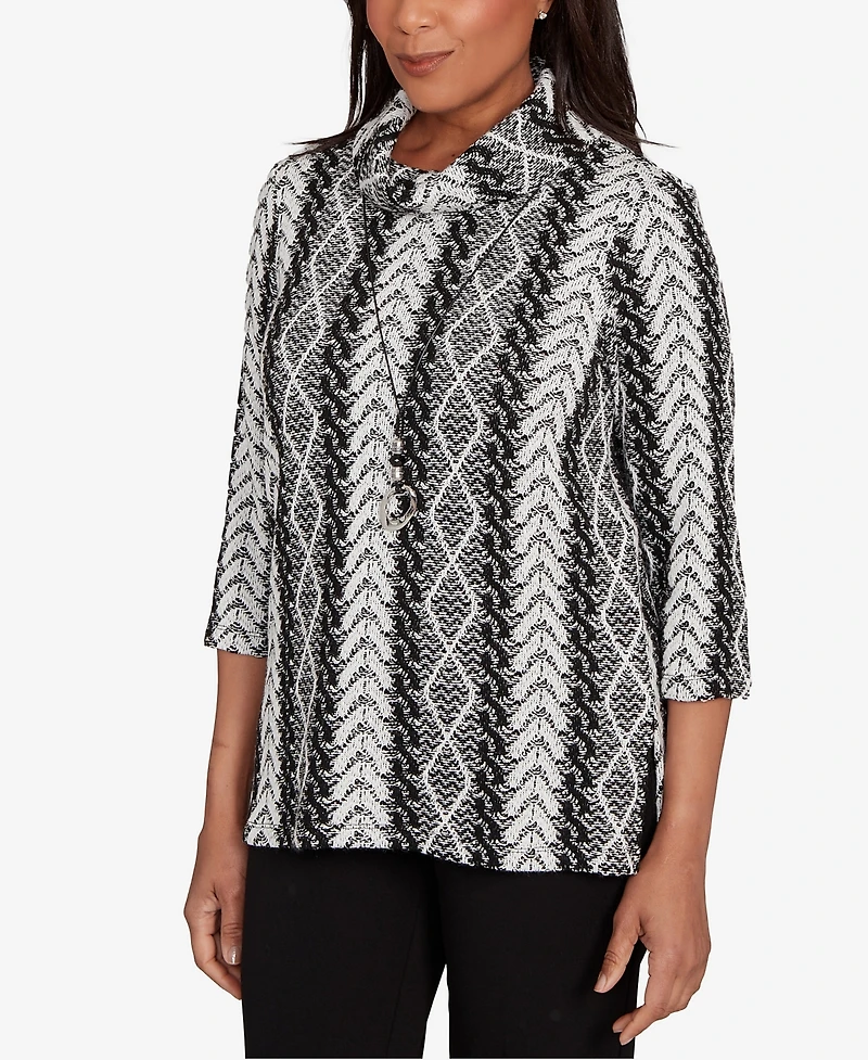 Alfred Dunner Petite Jet Setter Cable Jacquard Knit Top with Necklace