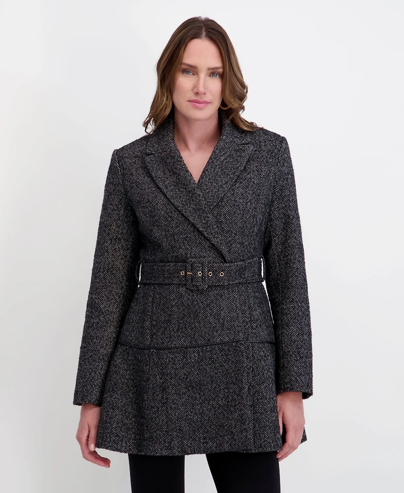 Kensie Women's Belted Herringbone Tweed Skirted Wool Jacket