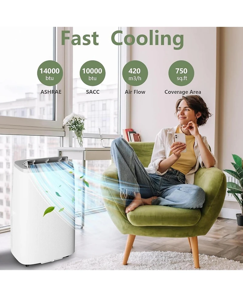 14,000 Btu Portable Ac - 3-in-1 Cooling Unit with Fan & Dehumidifier for Rooms up to 750 Sq. Ft, Includes Remote, 24H Timer