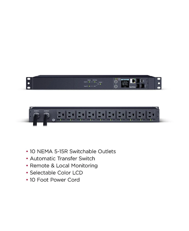 CyberPower PDU44001 10-Outlet 1U Rackmount Switched Ats Power Distribution Unit