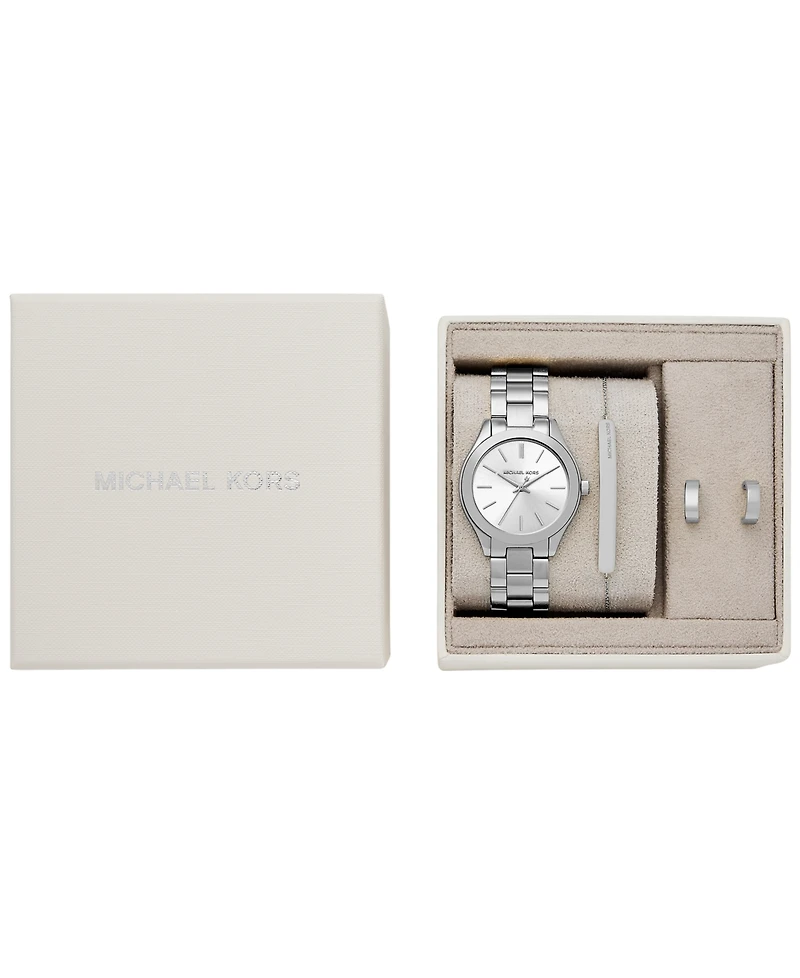 Michael Kors Women's Slim Runway Three-Hand Silver-Tone Stainless Steel Watch and Jewelry Set, 32mm