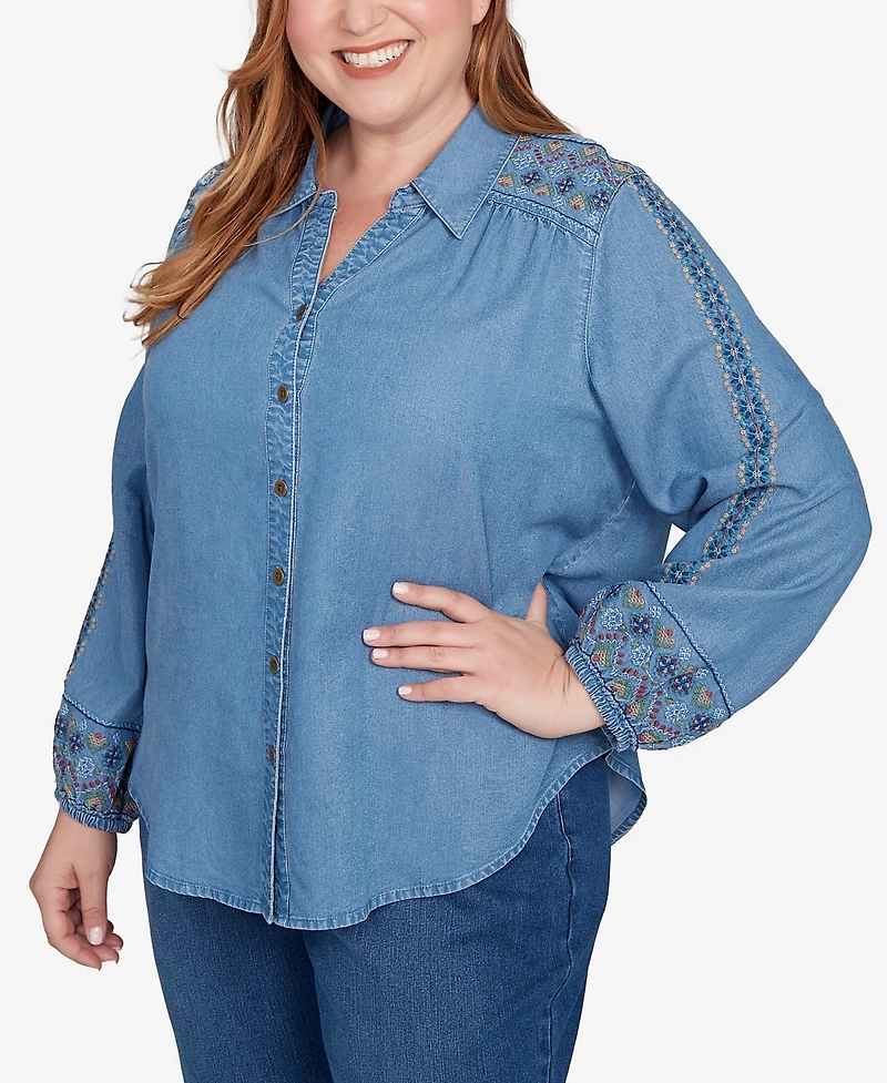 Alfred Dunner Plus Sunset Canyon Needlepoint Embroidered Button Front Top