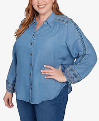 Alfred Dunner Plus Sunset Canyon Needlepoint Embroidered Button Front Top