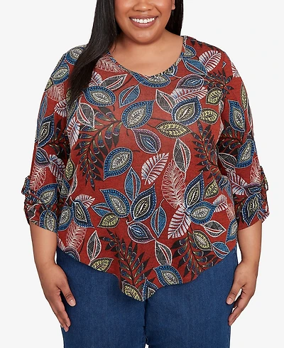 Alfred Dunner Plus Sunset Canyon Batik Leaves Melange Asymmetrical Top