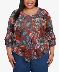Alfred Dunner Plus Sunset Canyon Batik Leaves Melange Asymmetrical Top