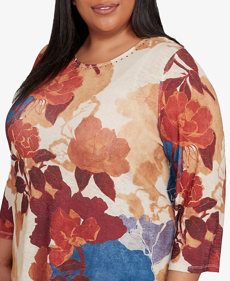 Alfred Dunner Plus Size Sunset Canyon Dramatic Abstract Floral Asymmetrical Top