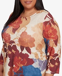 Alfred Dunner Plus Size Sunset Canyon Dramatic Abstract Floral Asymmetrical Top