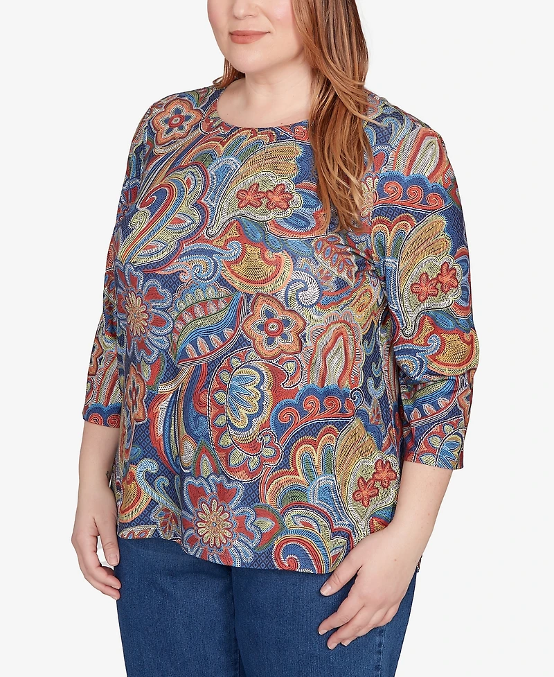 Alfred Dunner Plus Sunset Canyon Stitched Floral Pleated Neck Top