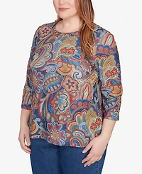 Alfred Dunner Plus Sunset Canyon Stitched Floral Pleated Neck Top